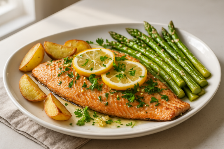 Baked trout with lemon, garlic, and herbs on a white platter