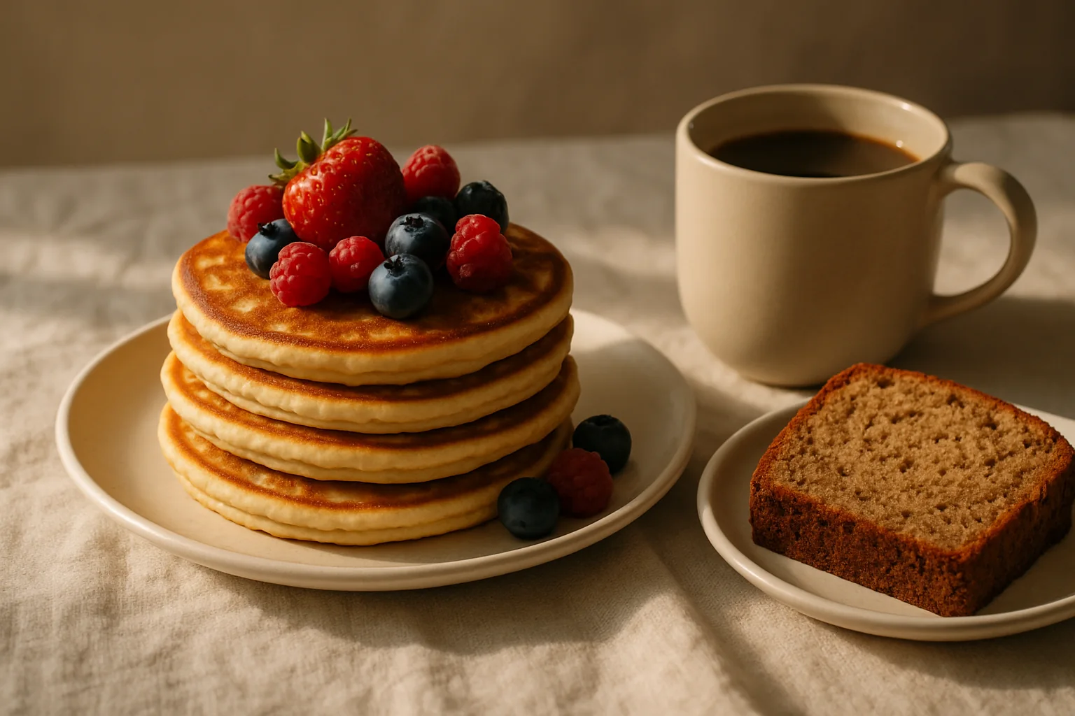 A close-up of pancakes, banana bread, and coffee