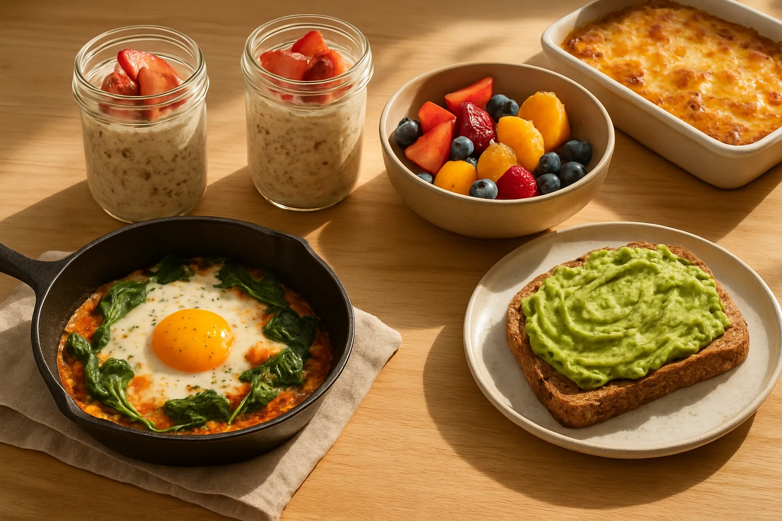 A styled breakfast scene with make-ahead and savory options