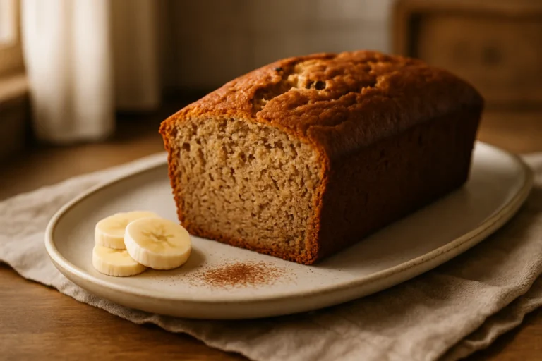 Sliced classic banana bread loaf on a platter