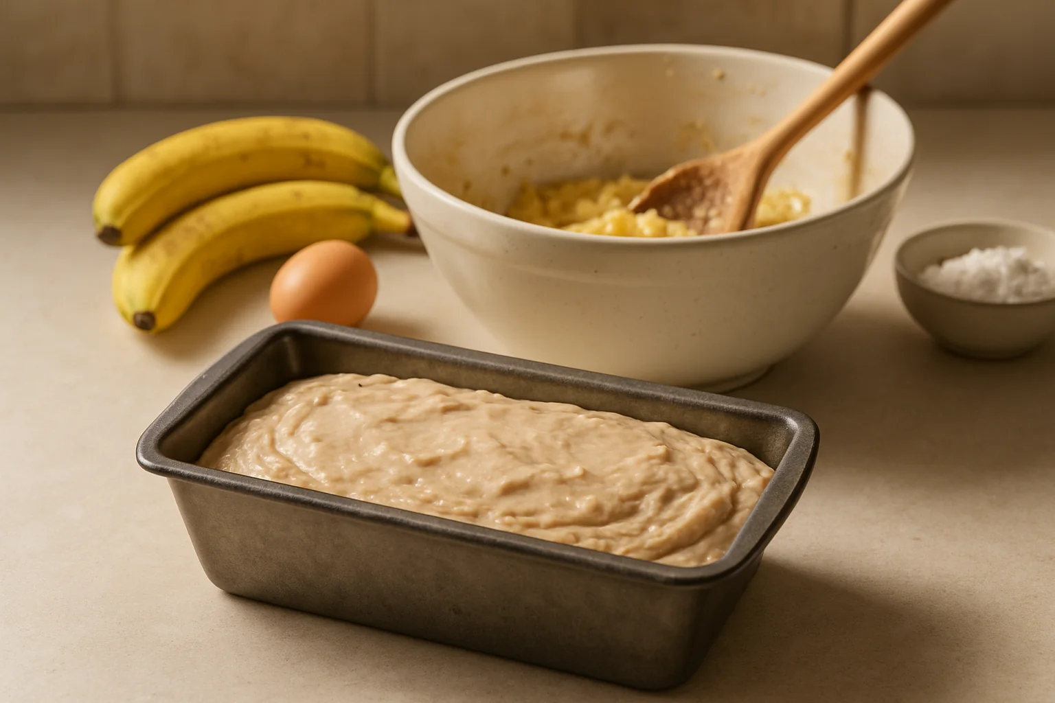 Banana bread batter in a loaf pan before baking
